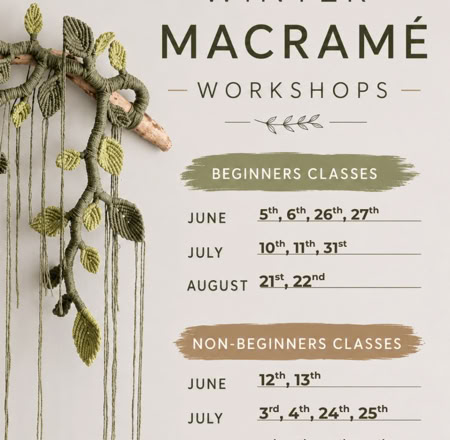 A macramé wall hanging with leaves and a bird on the left, and a schedule for winter macramé workshops on the right, listing dates for beginners and non-beginners classes.
